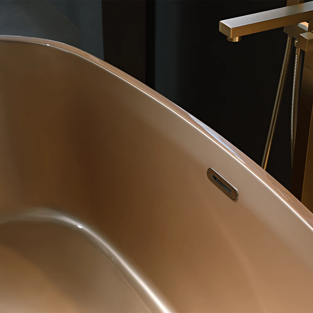 Champagne Gold Colour Acrylic Tub Freestanding Round Design Adult One Person Simple Bathtub with Overflow and Faucet
