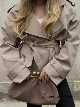 Women Lapel V-neck Belt Trench Coat Lace Up Button Full Sleeve Short Thin Windbreak 2026 Lady New Fashion Daily Street Outerwear