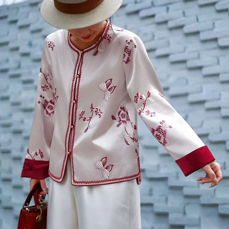 Autumn Fashionable New Chinese Style Stand Collar Contrasting Color Cuffs Acetate Fabric Embroidered Women's Coat S-XL