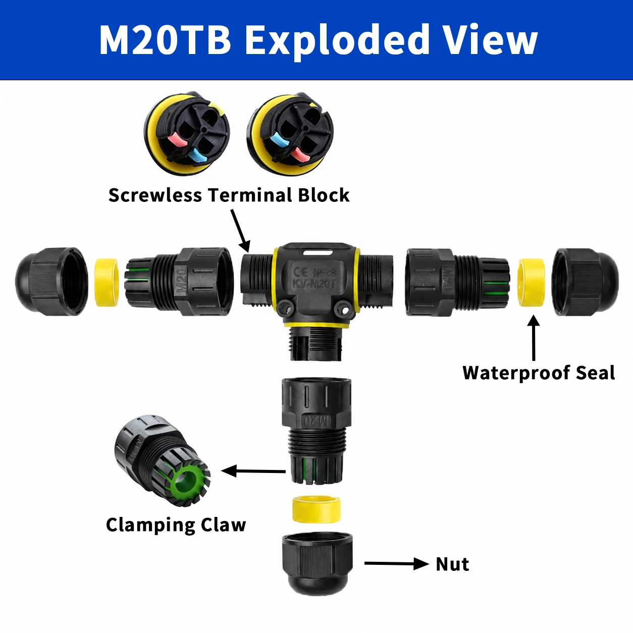M20 IP68 Waterproof T-Shaped Cable Splitter 2/3 Pin 3 Way Screw Terminal Electrical Joint 5-12mm for Garden Landscape Lighting