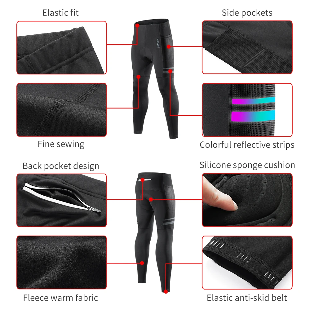 WOSAWE Thermische fietsbroek voor heren Reflecterende winterfietsbroek Fleece Warme winddichte lange fietsbroek met 5D GEL gewatteerd