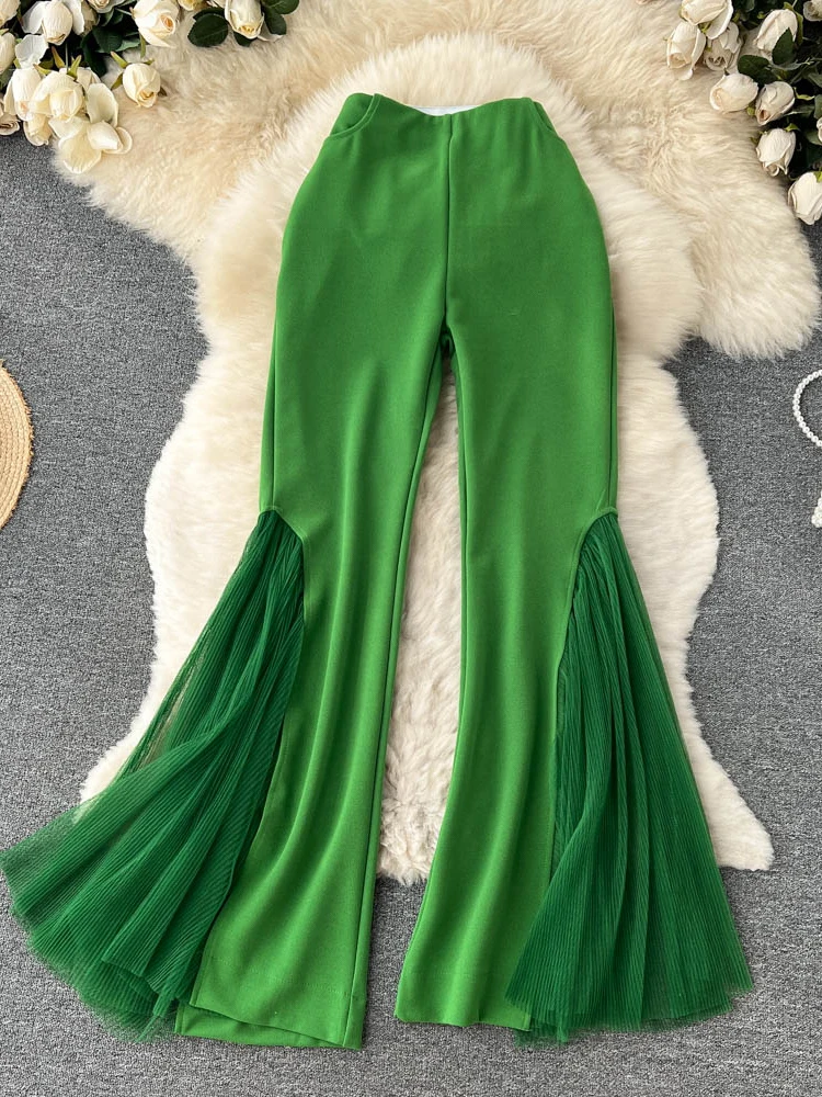 Summer Green/Black/White/Rose Red Mesh Patchwork Flare Pants For Women Elegant High Waist Wide Leg Hip Hop Dancing Trousers New