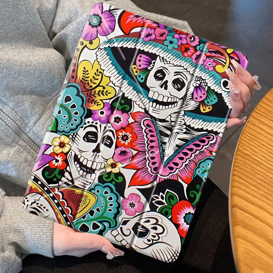 Tablet Case For iPad Mini 6 7 Pro 11th 10th 9th 8th 7th 12.9inch Pro 2025 Air 4 5 M3 M2 M4 11inch Holder Cover Skull With Flower