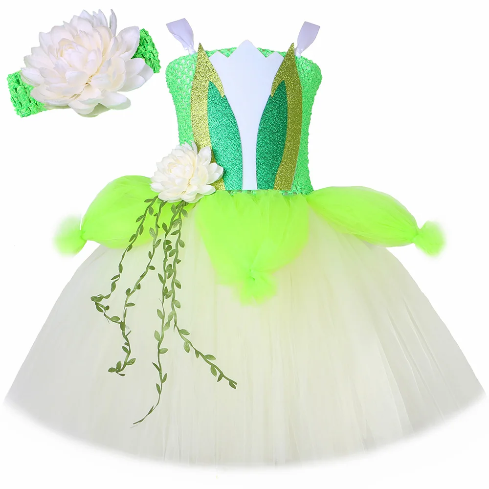 Princess Tiana Costume for Girls 3 Layers Flowers Tulle Tutu Dresses Ball Gown Toddler Kids Halloween Birthday Party Dress Up