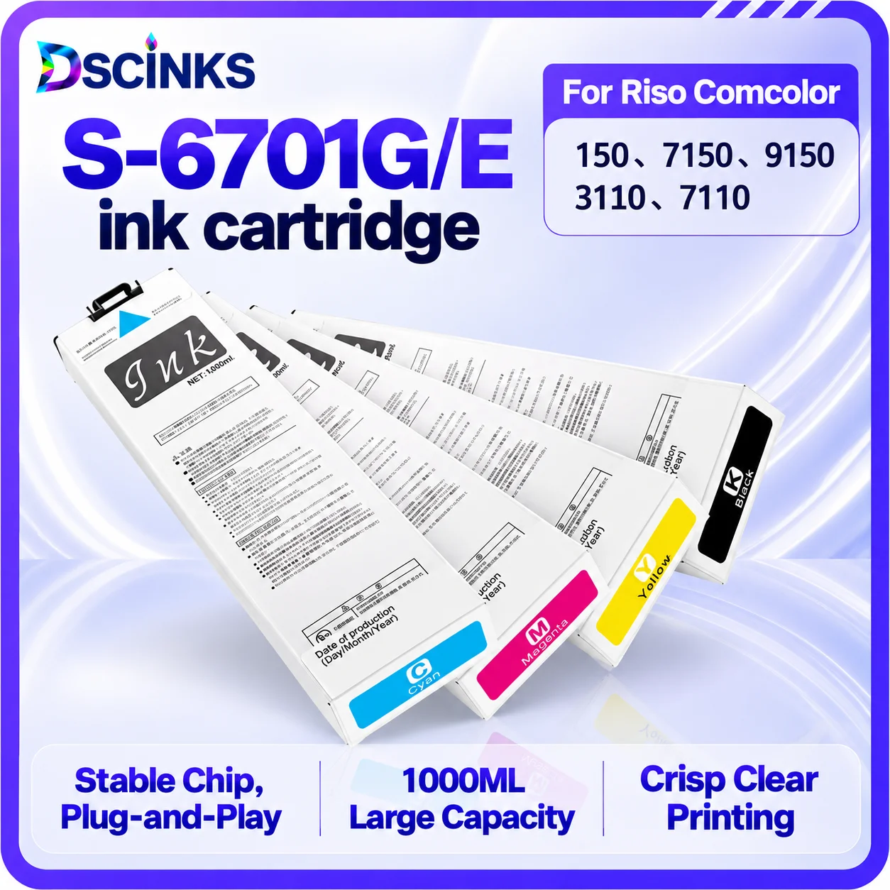 1000ml Full S-6701 S-6702  S-6703  S-6704 Ink Cartridges For Riso Comcolor 3150 7150 9150 Printers High Quality Replacement