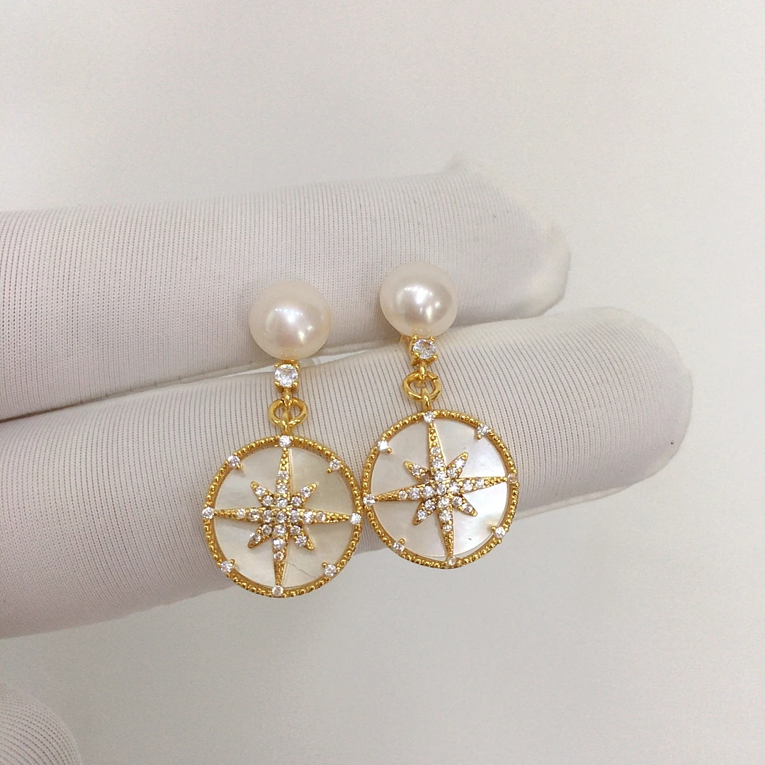 ZHBORUINI Natural Freshwater Pearl Earrings Female Hexagonal Star Micro Inlaid Zircon Natural Sea Shell Pearl Accessories Gift