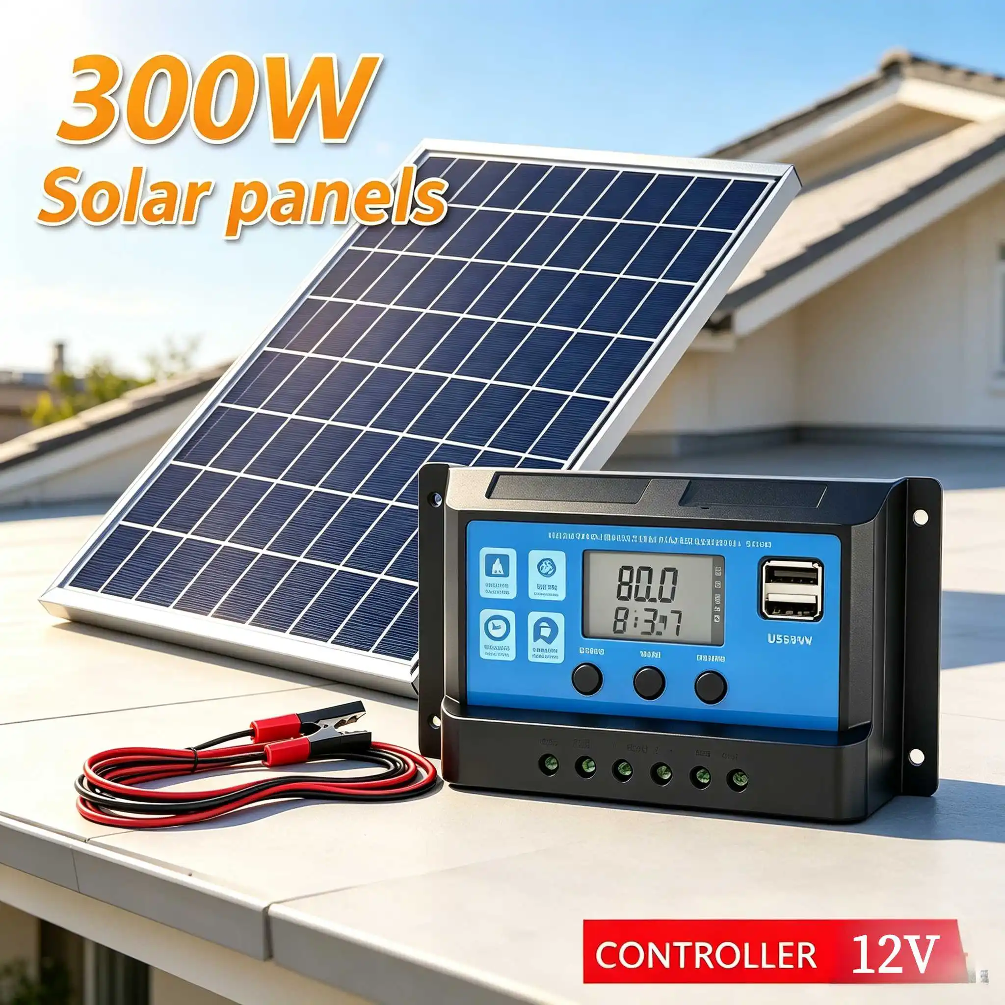 300W 12V Monocrystalline Solar Panel Kit With PWM Charge Controller And Battery Clips For Home Roof RV Outdoor Off-Grid Charging