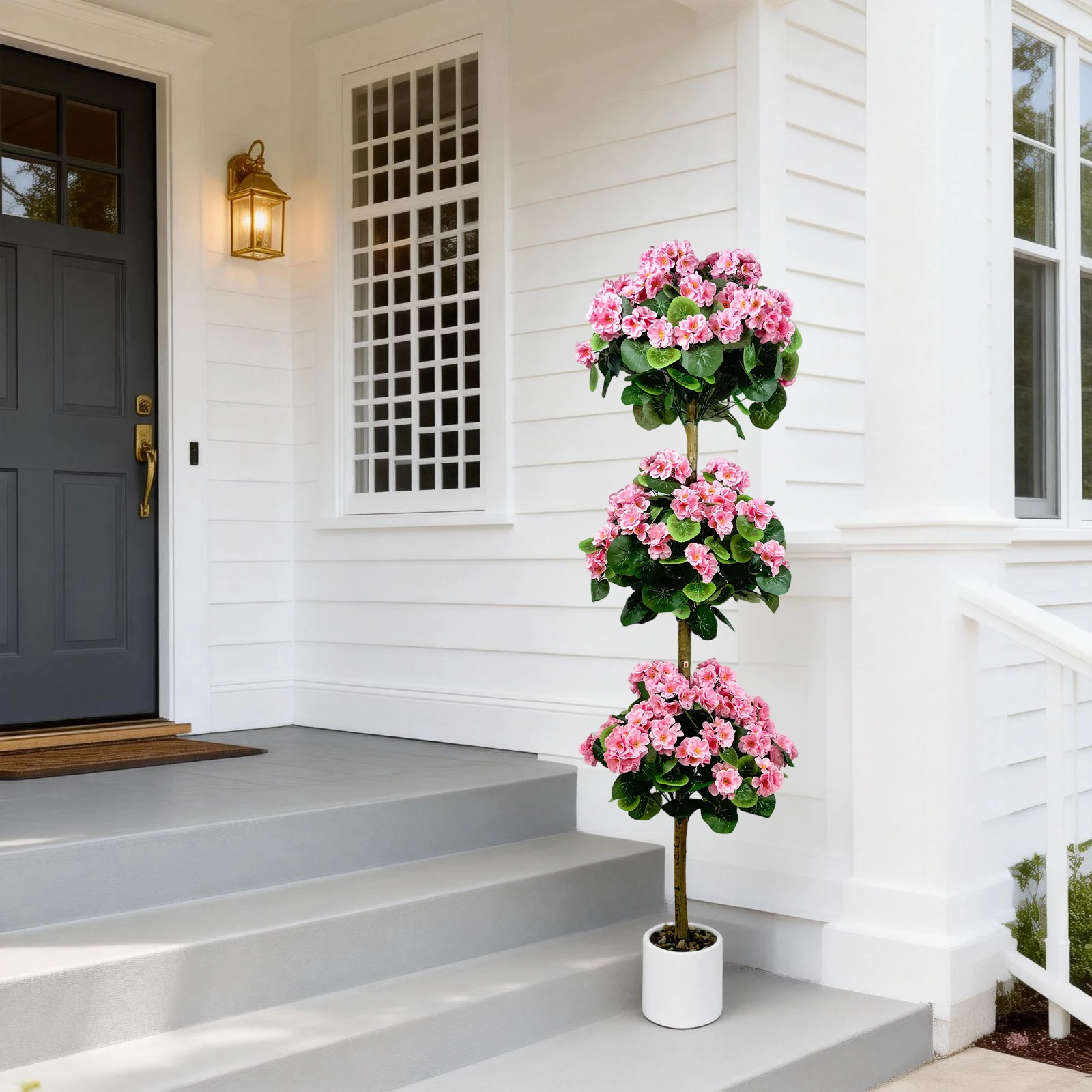 

Искусственное топиарное дерево герани высотой 1,5 м из пластика и шелка с тремя шарами, в белом горшке, для декора внутри и снаружи помещений