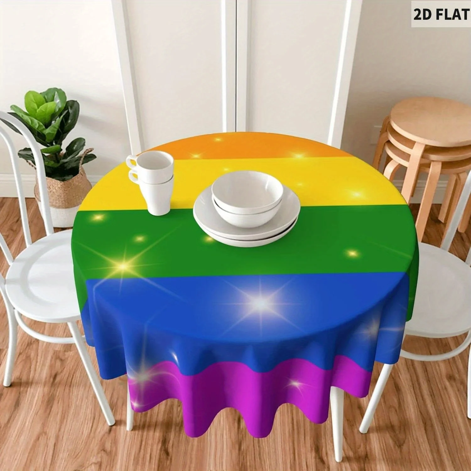 

2d flat Rainbow Progress Pride Gay Round Table Cover, Washable Polyester Table Cloth for Indoor Home Kitchen Dining Picnic Party