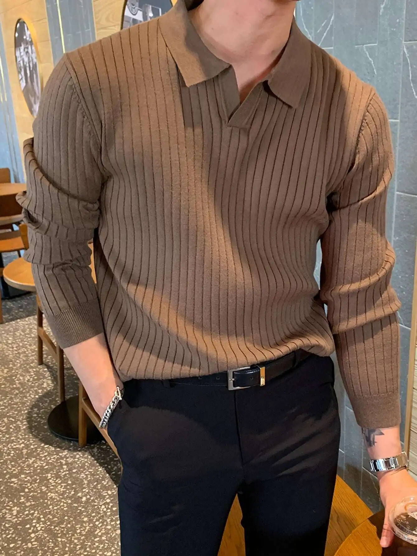 

Men's Ribbed Knit Long Sleeve Polo Shirt for Fall Casual Wear