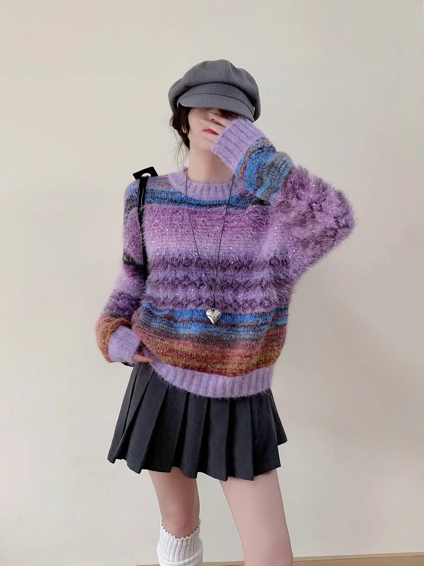 Women Gradient Striped Round Neck Soft Sweater Women Autumn Winter New Sweet Pullover Korean Retro Versatile Knitwear Tops