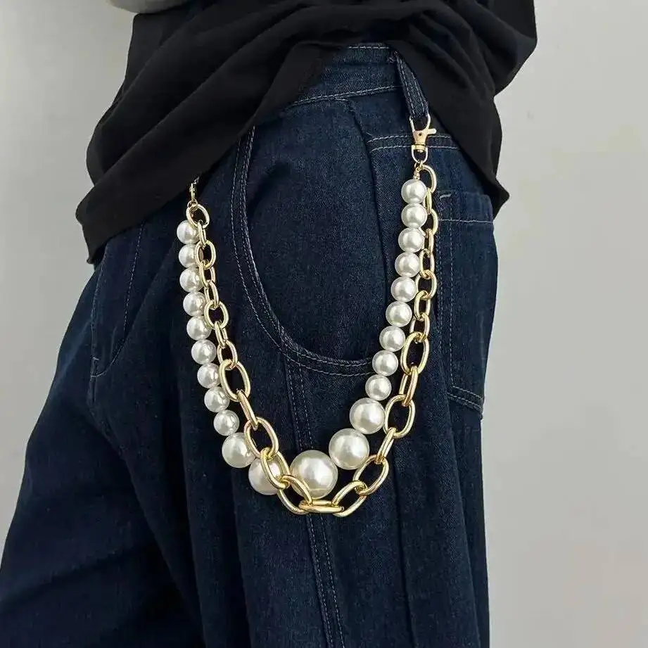 Salircon Hip Hop Multilayer Übertrieben Imitation Perle Jeans Hosen Schlüsselbund Männer Punk Hosen Hipster Hose Kette Partei Schmuck