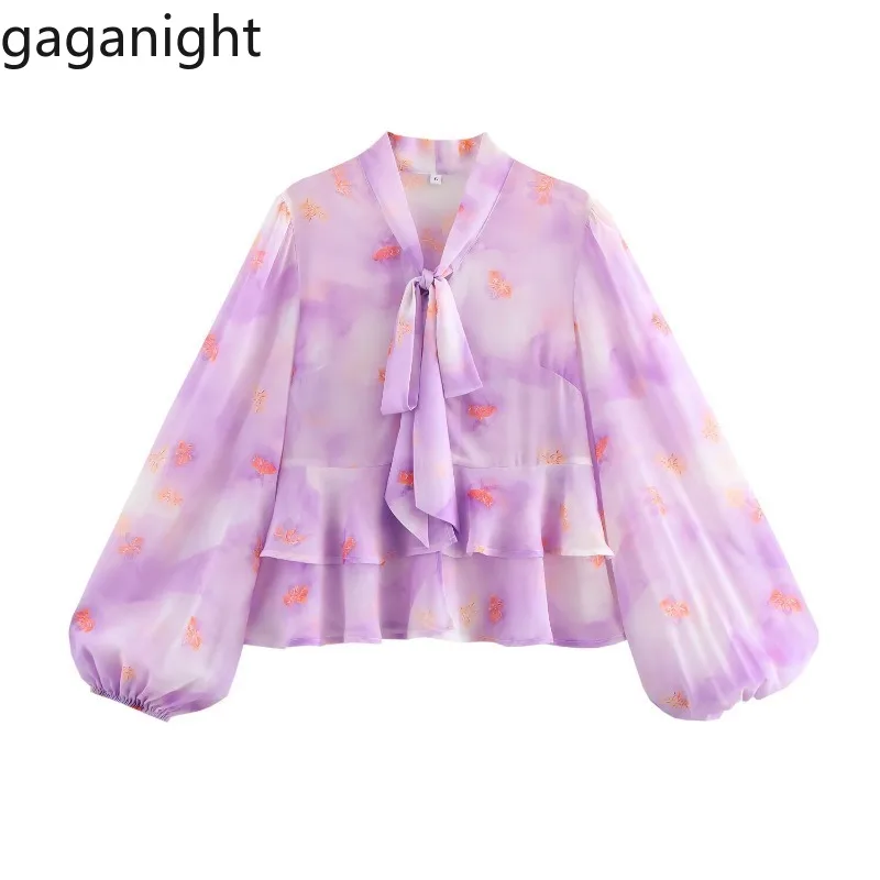 

Gaganight Women Blouse Floral Printed Ribbon Bandage Ruffles Patchwork Sweet Elegant Shirts Office Lady Vintage Casual Tops