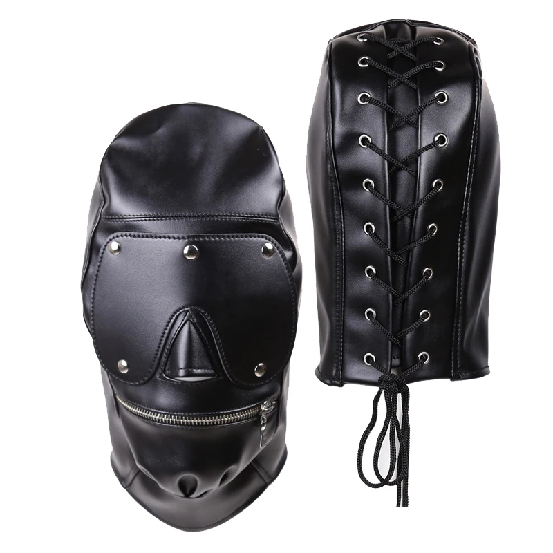 

Punk Sexy Adult Game Men Black PU Leather Head Bondage Hood Mask Zipper Open Mouth Fashion Masks Cosplay Party Gay Costume