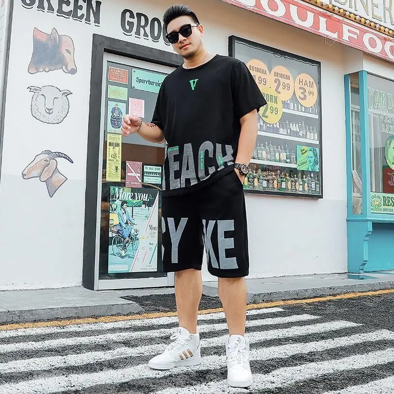 Sports Suits Kpop Tracksuit Alphabet Men\'s Clothing Print T Shirt Man Black Shorts Sets Sportswear Top Summer Polyester Cotton