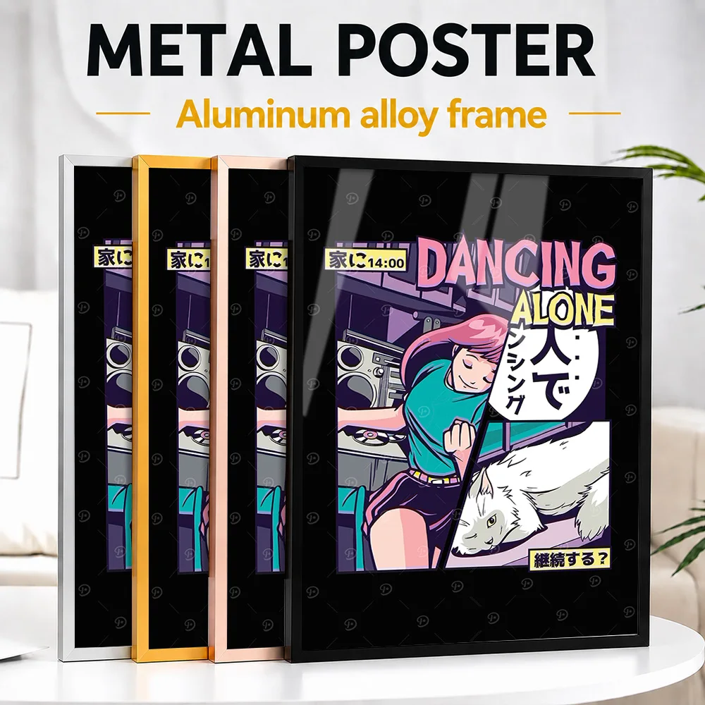 Dancing Alone Vaporwave Anime Framed Metal Print Customized Photo Electric Night Style Wall Art For Gaming Setup Birthday Gift