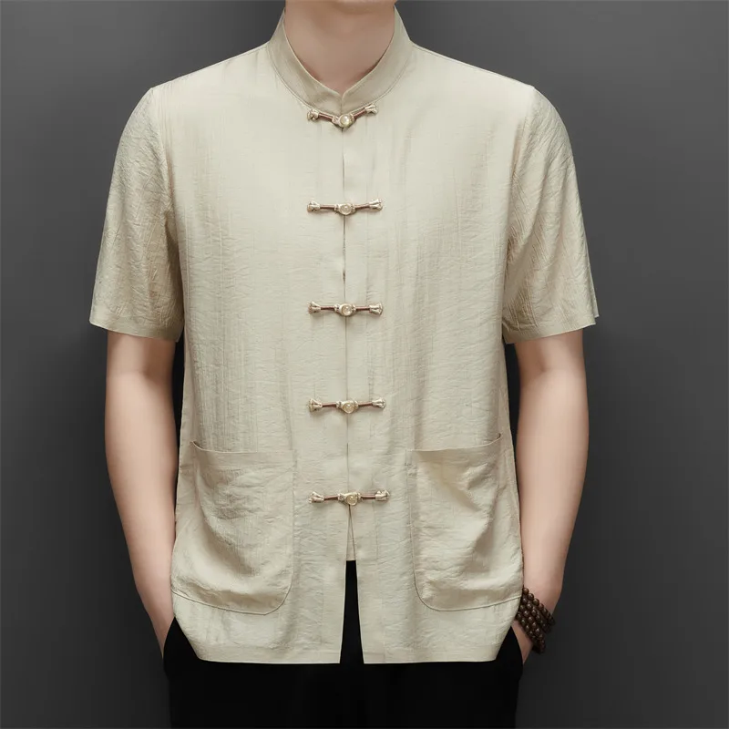 Frog Button Tang Costume Shirts For Men Short Sleeve Lightweight Summer Quality Viscose&Polyamide&Linen Pocket