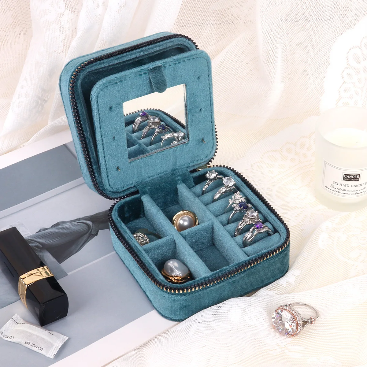 

Бархатная коробка с ромбом и зеркалом, женские дорожные портативные серьги, кольцо, ожерелье, дисплей для хранения ювелирных изделий, коробка-органайзер