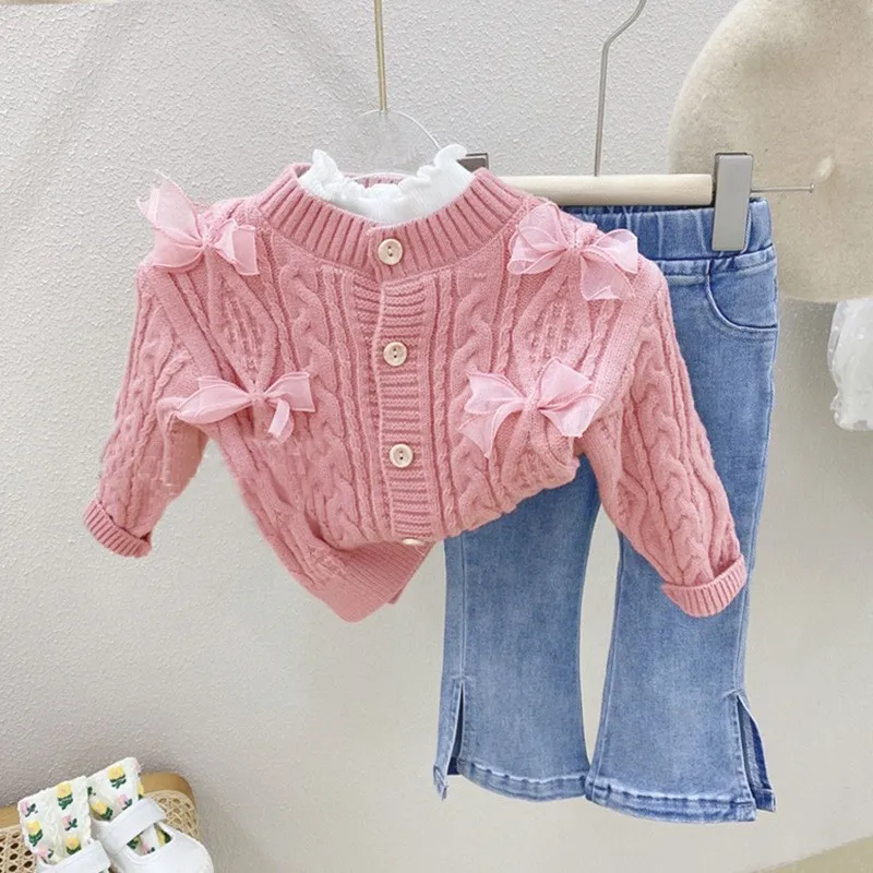 

2024New Children's Sweater Fashionable Outer Wear Bow Girl's Cardigan Baby Girl Princess Coat Autumn