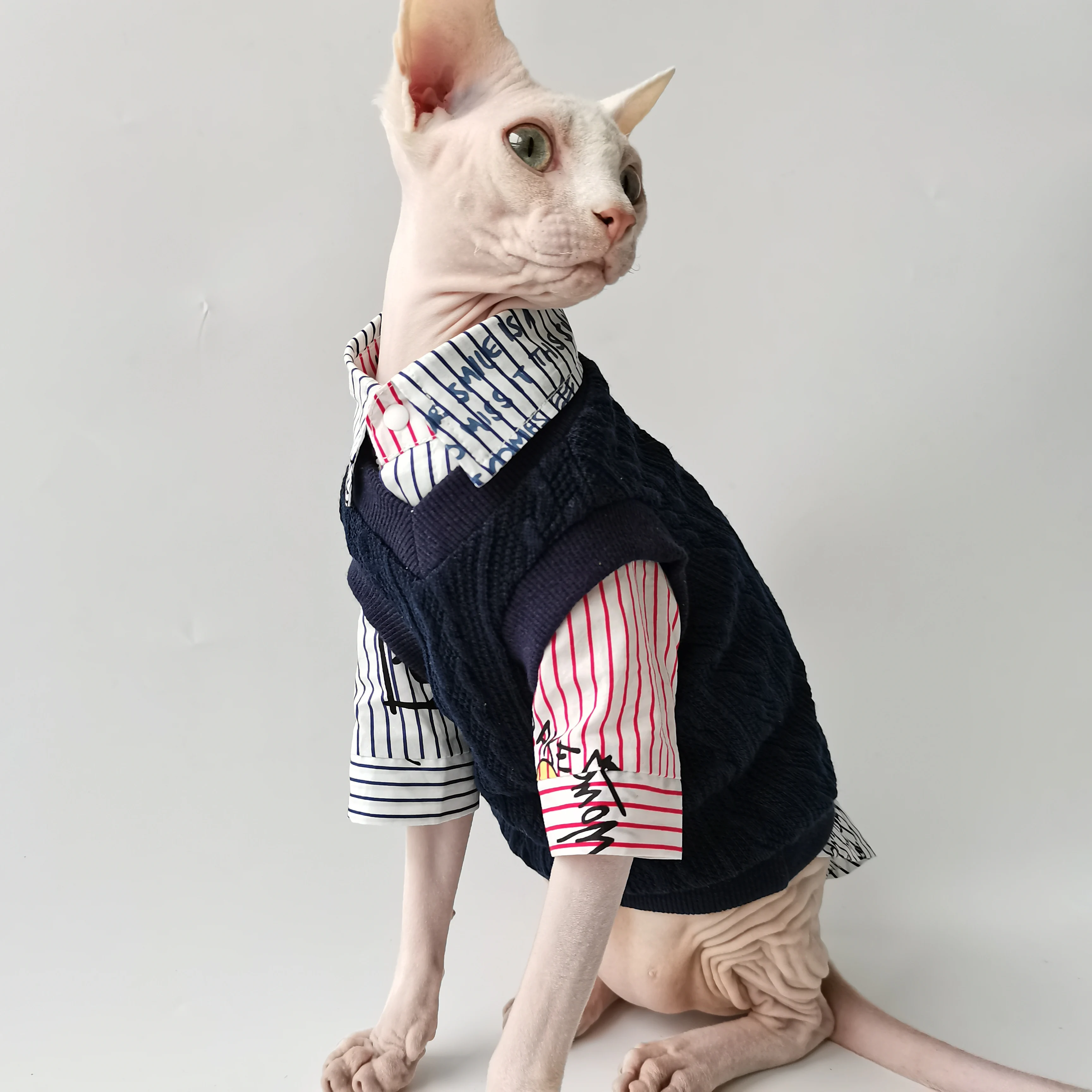 British Gentleman Style two-piece Set for Sphynx Cat Spring Autumn Shirt knitted Sweater Elegant Suit Green Blue Vest for Kitten