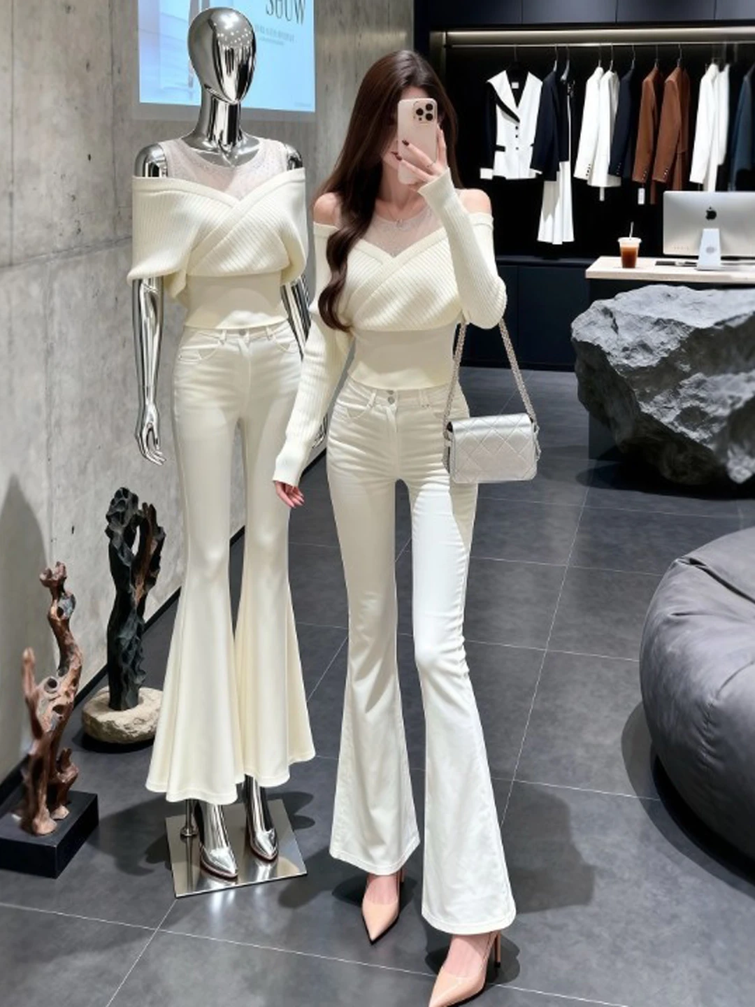 

Весенний нежный облегающий вязаный свитер на одно плечо, красивый женский топ Ele Diamond Embellied Long Sve Crew Ne