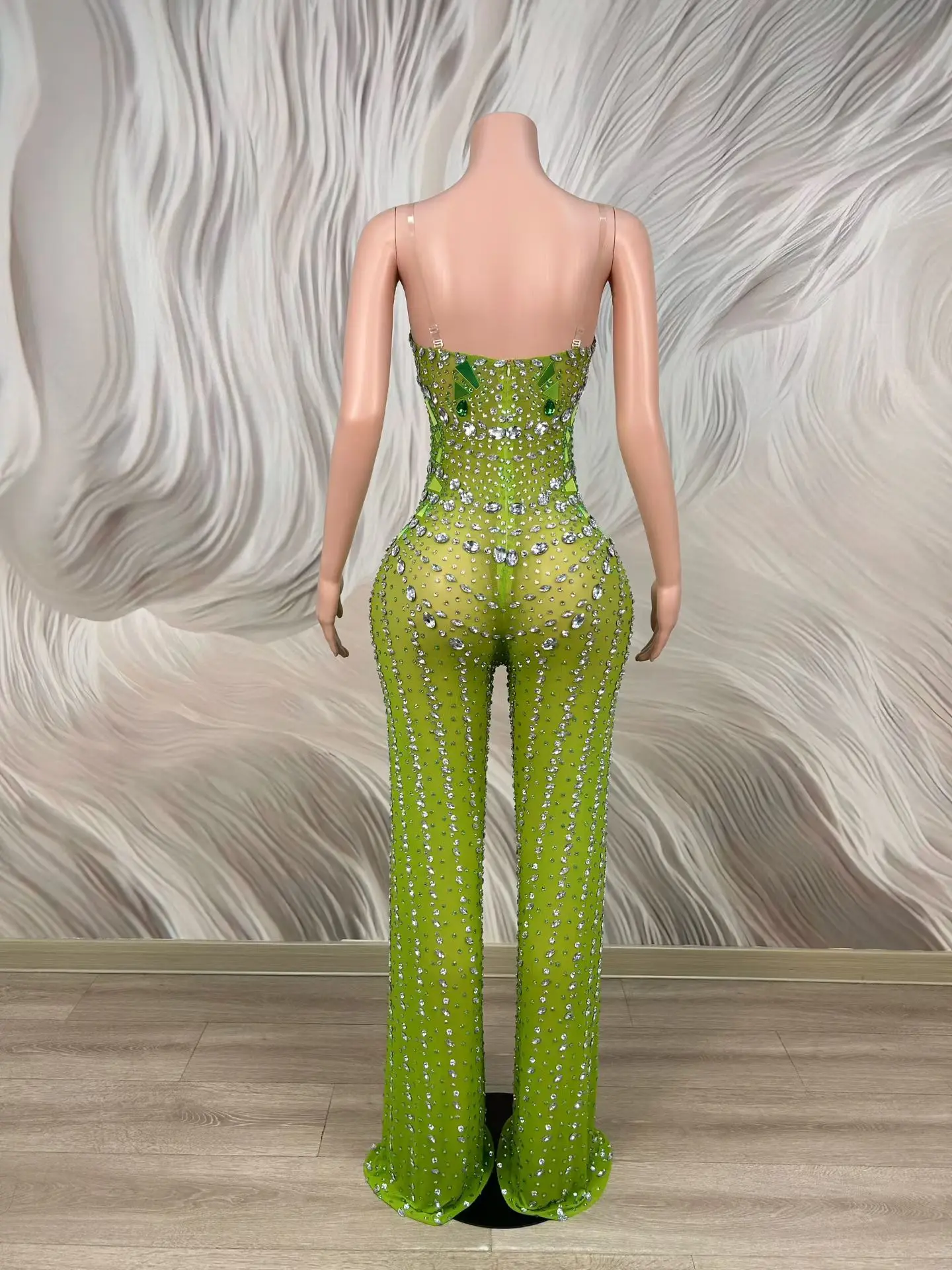 Yingguang Green Rhinestone Mesh Jumpsuit Sweetheart Neck Sheer Mesh Flare Leg Stage Performance Costume