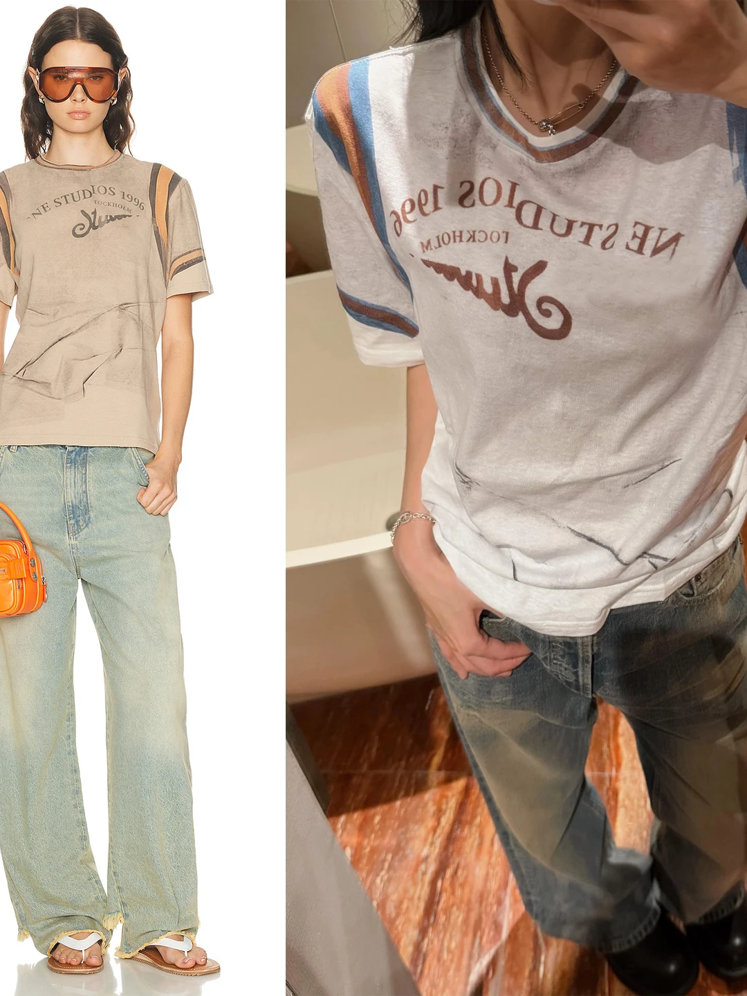 Nordic Street Style Vintage Printed round Neck Short Sleeve T-Shirt Women's Simple Versatile Worn-In Look Breathable Comfortable