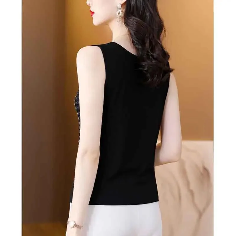 New Summer Fashion Elegant Simple Luxury Hot Rolled Diamond Camis Women Solid Round Neck Sexy Slim Fit Versatile Tops 2024