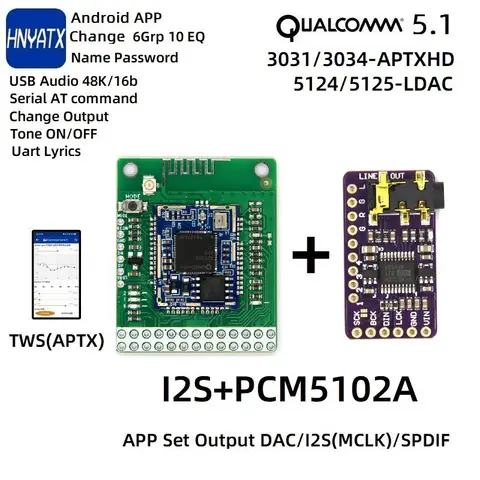 APP Set EQ Password Name LDAC QCC5125 5124 APTXHD 3034 3031 DAC I2S Coaxia USB Audio Uart Lyrics Bluetooth 5.1 Spdif Qualcomm