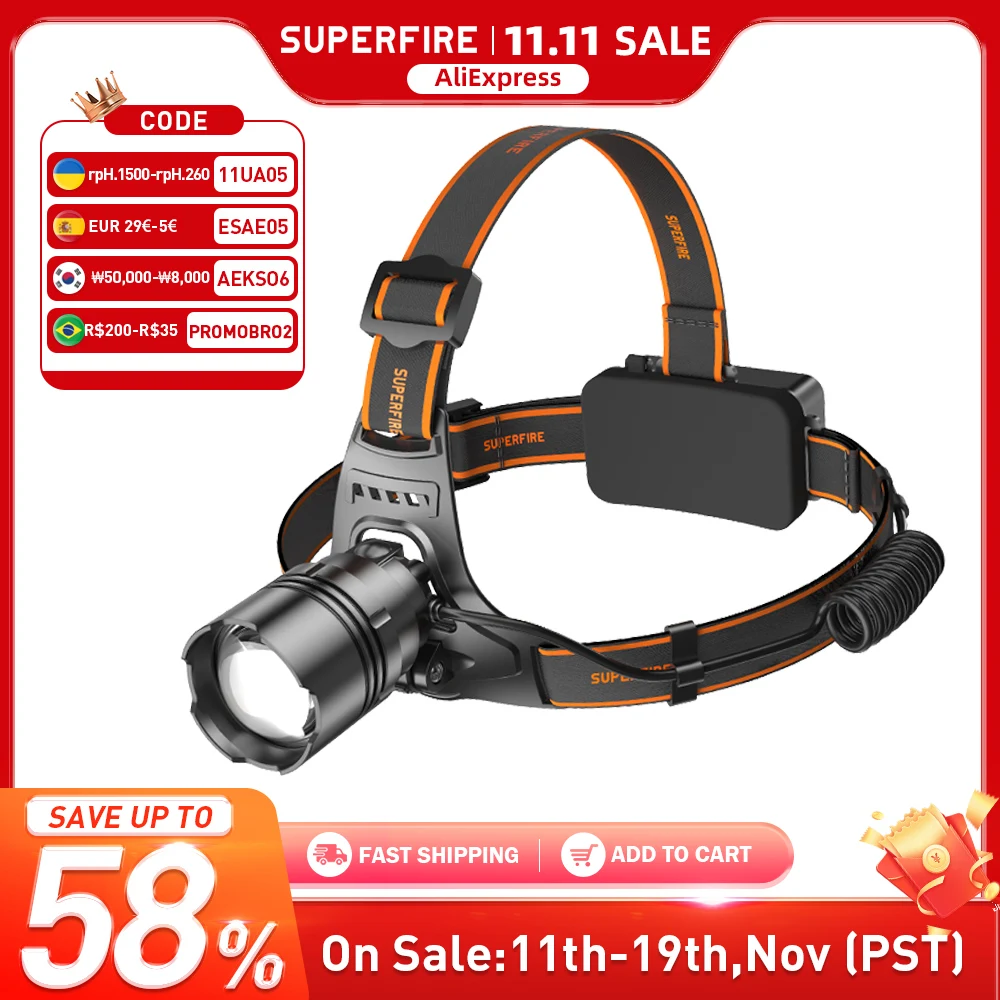 

SUPERFIRE HL31 Powerful LED Headlamp Rechargeable Telescopic Head Torch Zoomable Headlight Fishing Camping Portable Flashlight