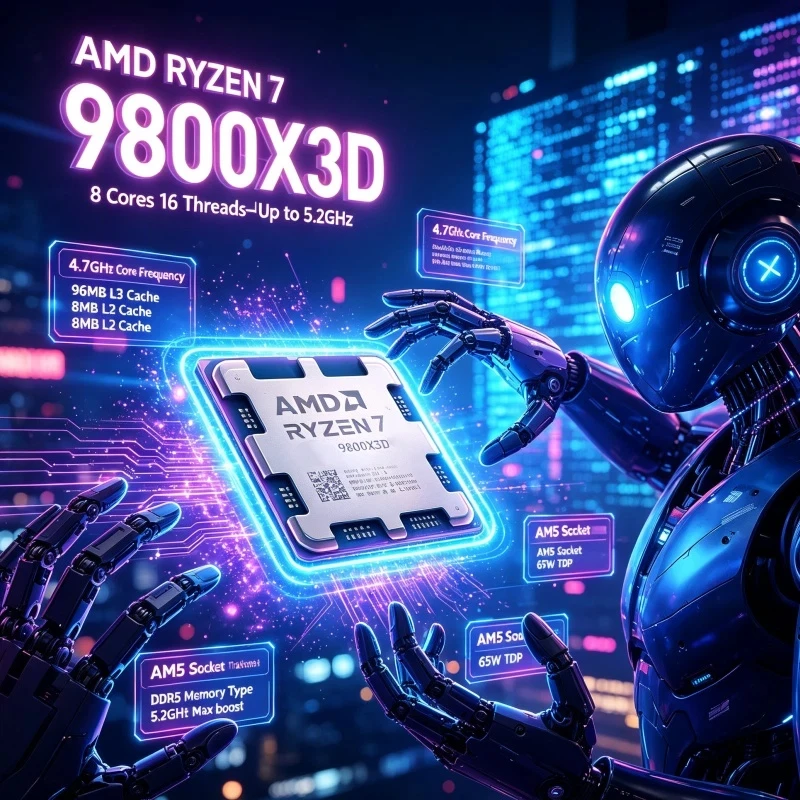 AMD Ryzen 7 9800X3D Socket AM5 CPU 8 Core 16 Thread Base 4.7GHz Boost 5.2GHz L3 Cache 96MB 4nm DDR5 Desktop Processor
