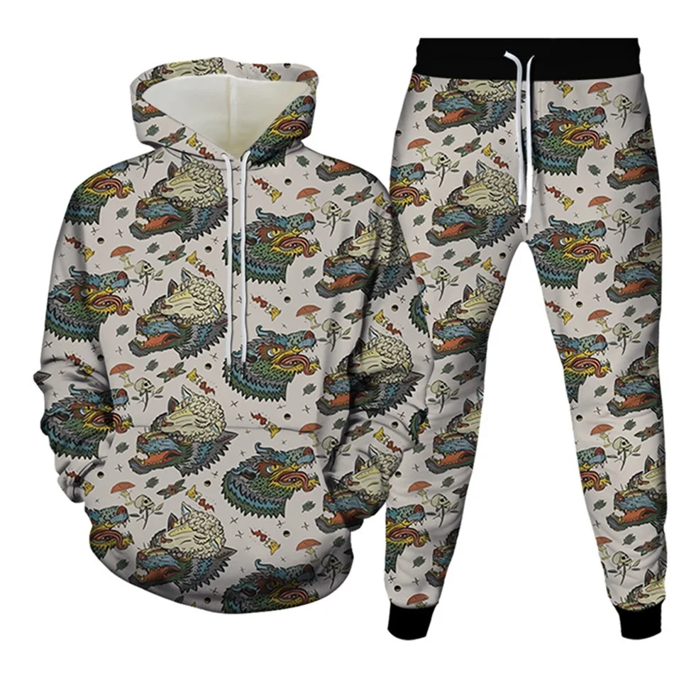 Men Clothes Tracksuit Hoodies Pants 2 Pieces Sets Autumn Winter New Animal Dragon Phoenix Cloud Florial Peacock Harajuku Style