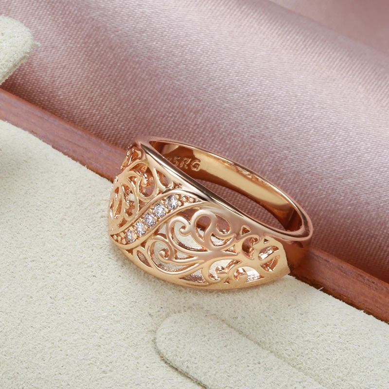 SYOUJYO 585 Rose Golden Hollow Cutting Ring For Women Vintage Exquisite Natural Zircon Wedding Jewelry