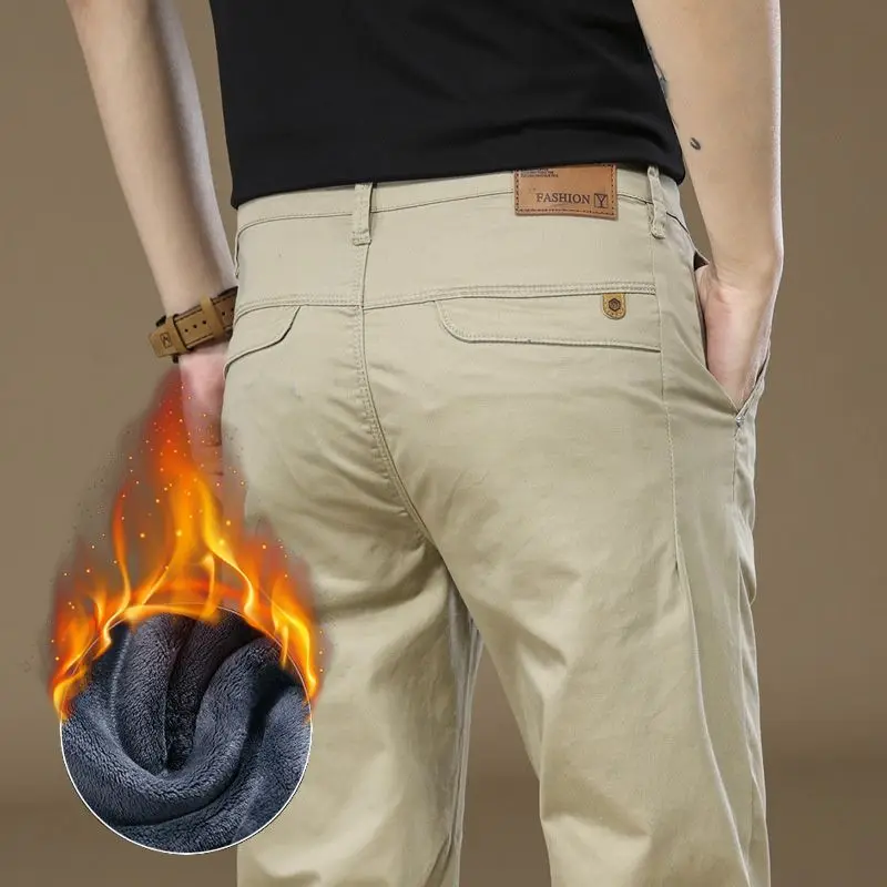 

Осенне-зимние плюшевые мужские повседневные брюки, эластичные универсальные деловые брюки среднего возраста, тонкие прямые повседневные брюки, большой размер 28-40