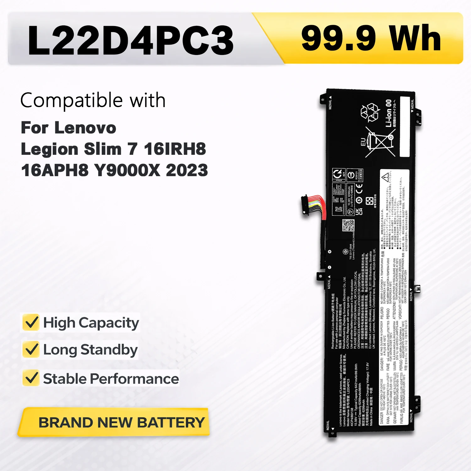 PowerHub L22D4PC3 Battery 99.9Wh 15.56V For Lenovo Legion Slim 7 16IRH8 16APH8 Y9000X 2023 L22M4PC3 L22C4PC3 L22L4PC3 6421mAh