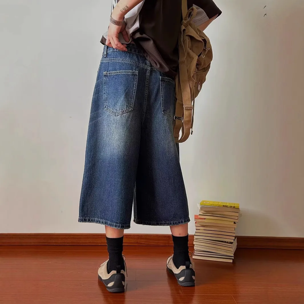 Celana Pendek Denim Potongan Longgar Musim Panas Pria Vintage Celana Lima Titik Dicuci Kaki Lebar Mode Y2k Celana Pendek Jeans Lurus