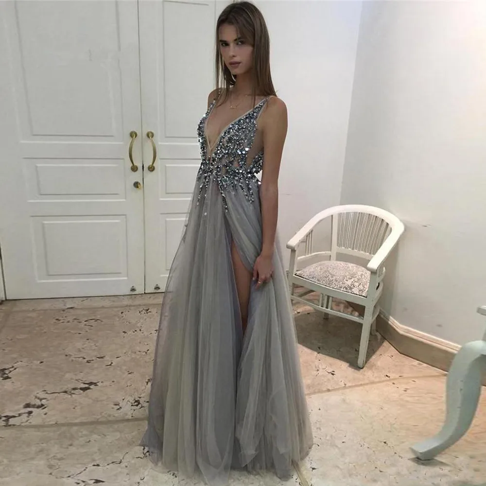 Sequin Spaghetti Strap Formal Evening Dresses 2024 V Neck Floor Length Prom Gowns Dress Side Split Backless Cocktail Dresses