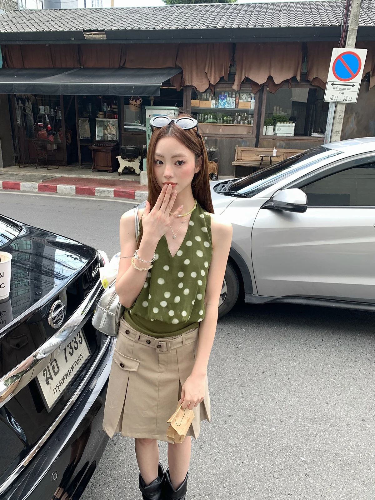 Slimming High Waist A-Line Pleated  Skirt Street Style Cover Hip Casual Skirt for Young Women Polyester Cotton Blend