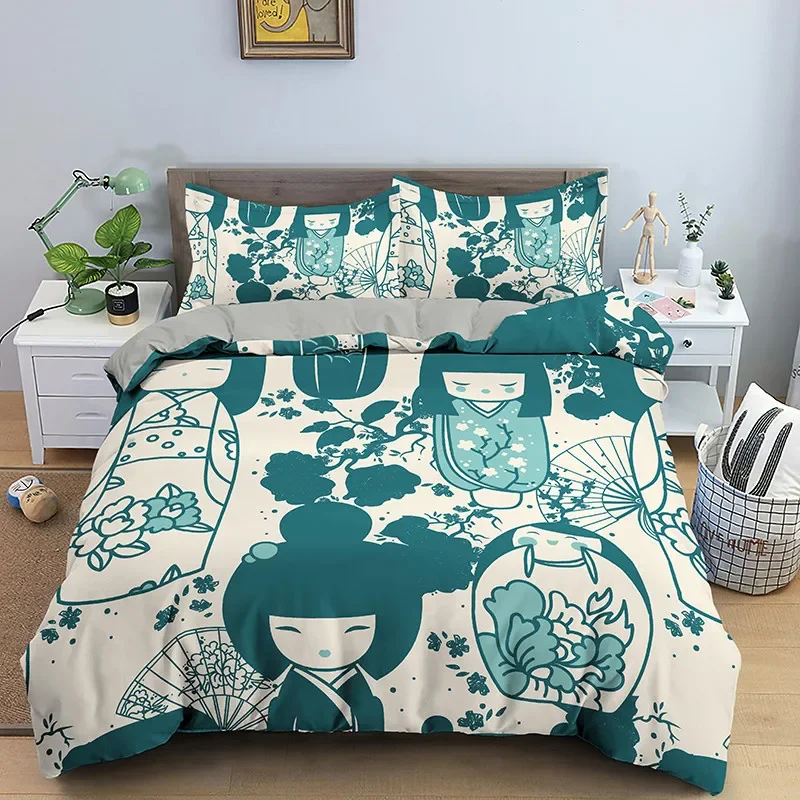 Japanese Doll Duvet Cover Cartoon Kokeshi Bedding Set Microfiber Comforter Cover King Full For Girls Teens Adults Bedroom Decor