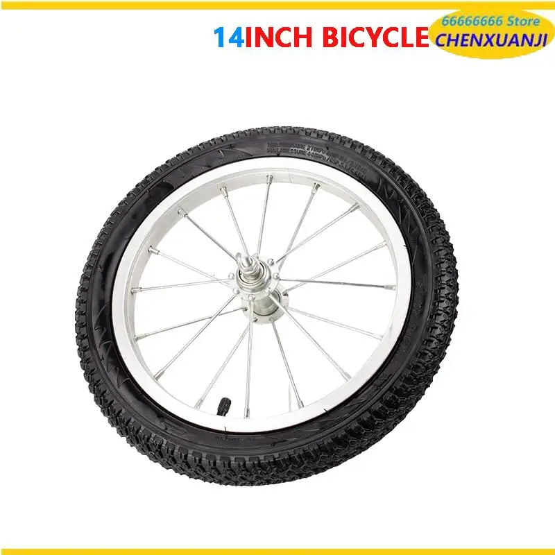 

Set of 14 inch bicycle wheels complete with rims and tires for front and rear wheel replacement.