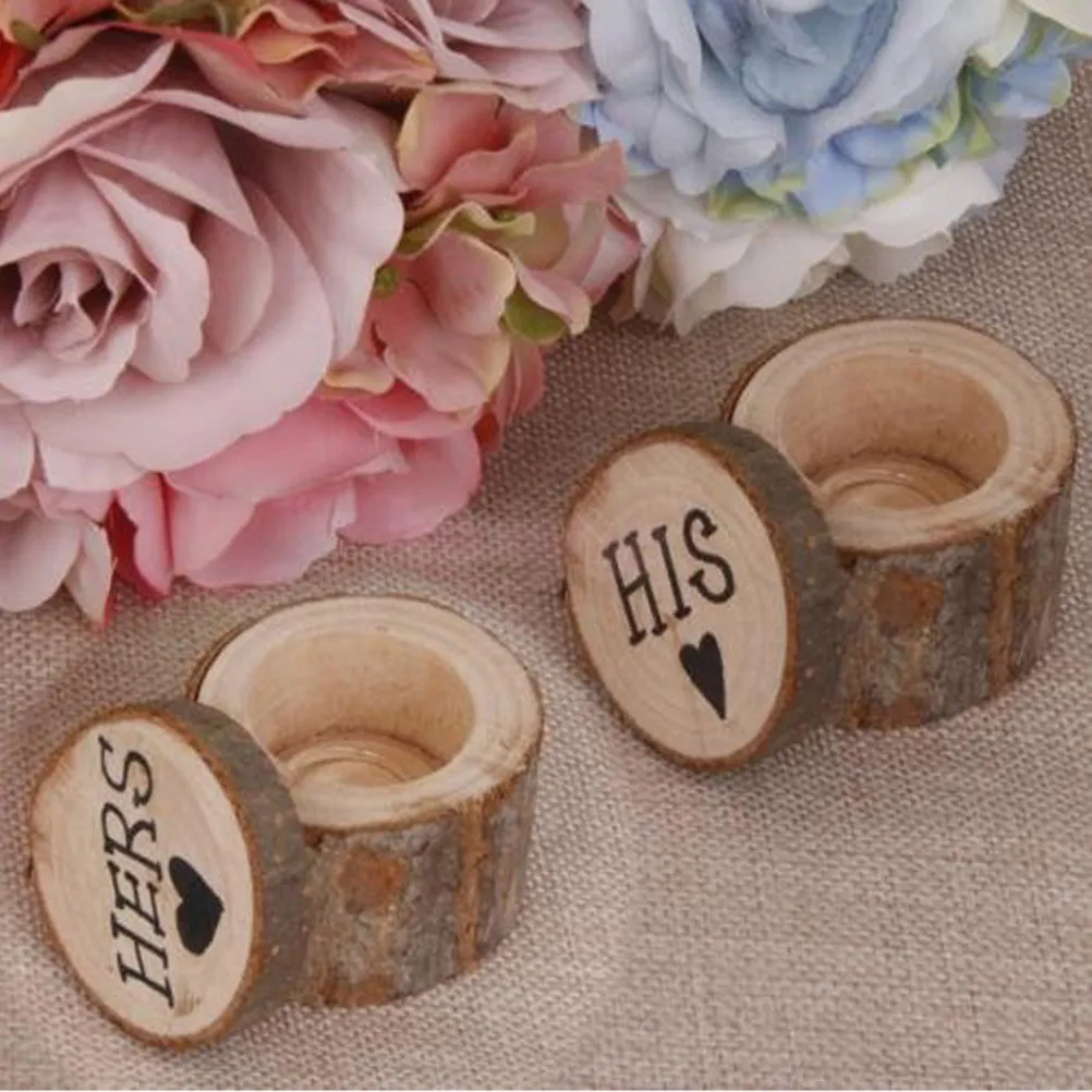

2Pcs Rustic Wedding Ring Boxes Wooden Hers His Printed Natural Wood Shabby Chic Diameter 6Cm Height 5Cm Ring Bearer Box