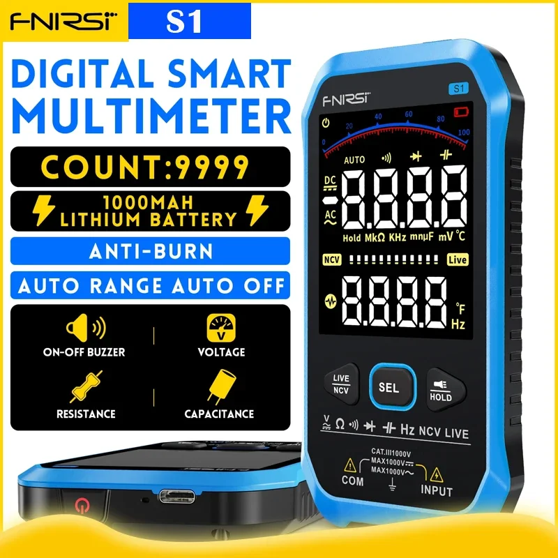 

FNIRSI S1 Smart Handheld Digital Multimeter 9999counts AC DC Voltage Resistance Capacitance Display Diode NCV Hz Live Tester