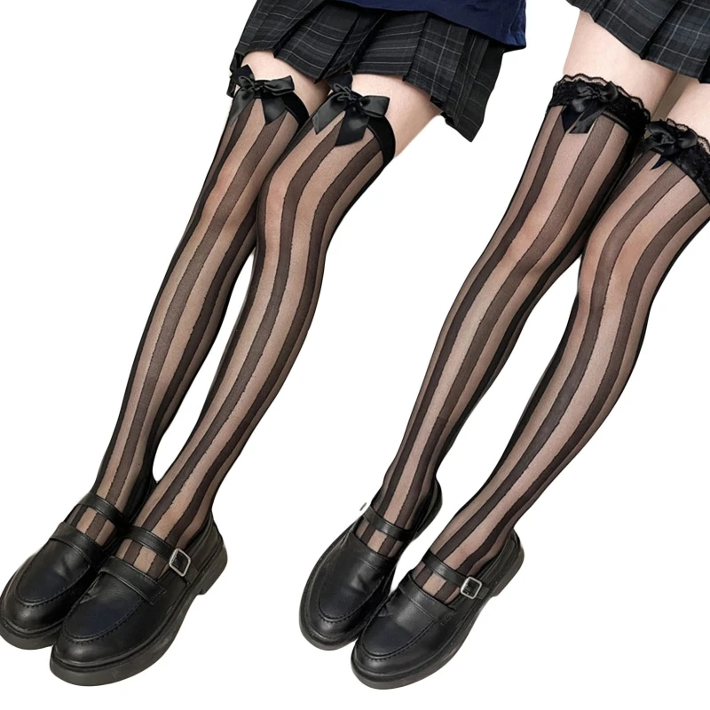 

Women Sheer Silky Vertical Stripes Over Knee Long Socks with Cute Bowknot Japanese Lolita Leggings Thigh High Stockings