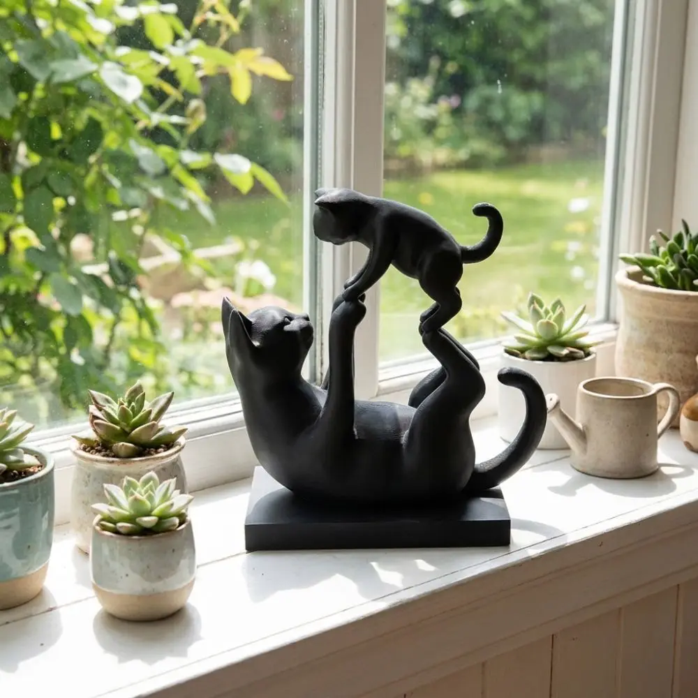 Cute 3D Print Parent Child Cat Statue Animal Statue Loving Cat Figurine Minimalist Plastic Cat Desktop Ornament Desk Decor