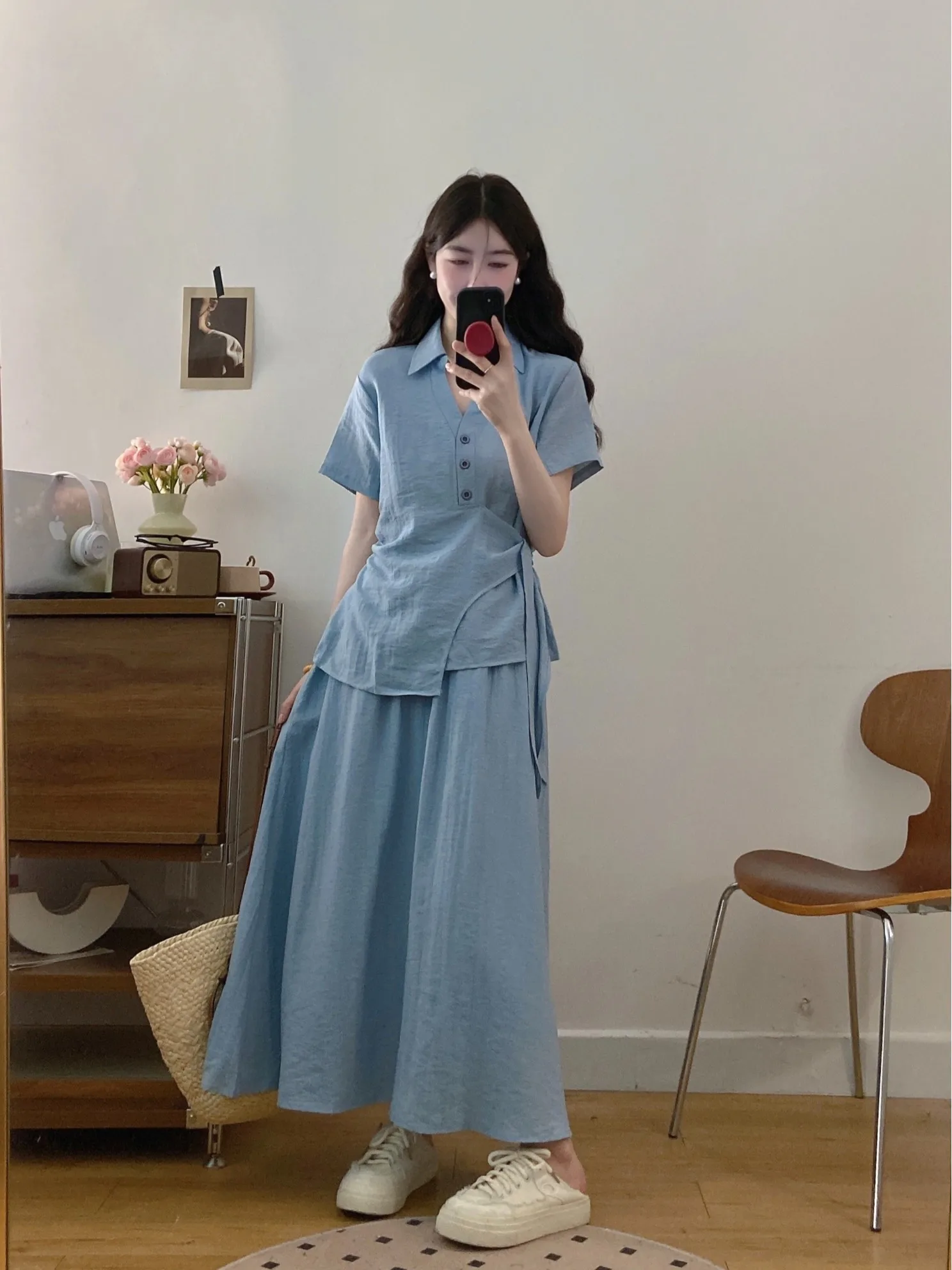 

Модный комплект больших размеров для женщин: летний корейский стиль, с поясом, утягивающий, с коротким рукавом, рубашка и юбка, комплект из двух предметов, дышащий, средний размер