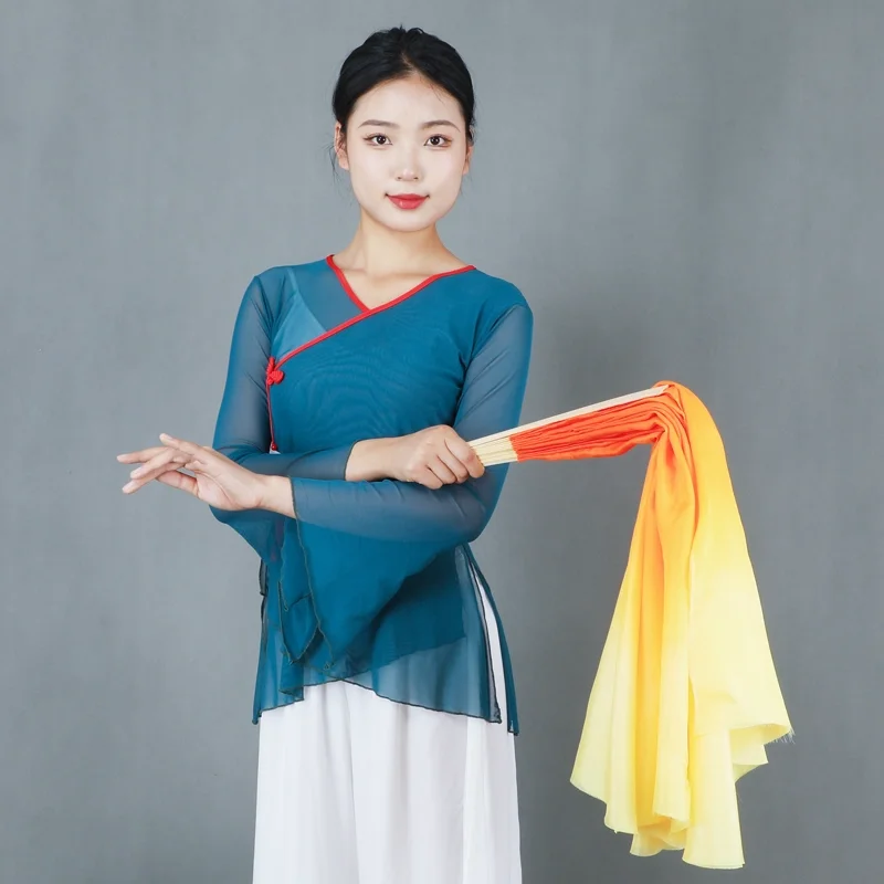 1 Pair Real Silk Veil Chinese Folk Dance Fan Bamboo Ribs Double Sided Performance Props Short Fan Veils Gradient Yellow