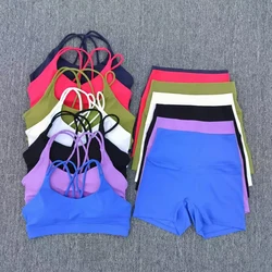 Yoga Shorts Set Gym Sports Set Women Workout Outfit Fitness Suit Cross Straps Bra High Waist Shorts Running Tracksuit