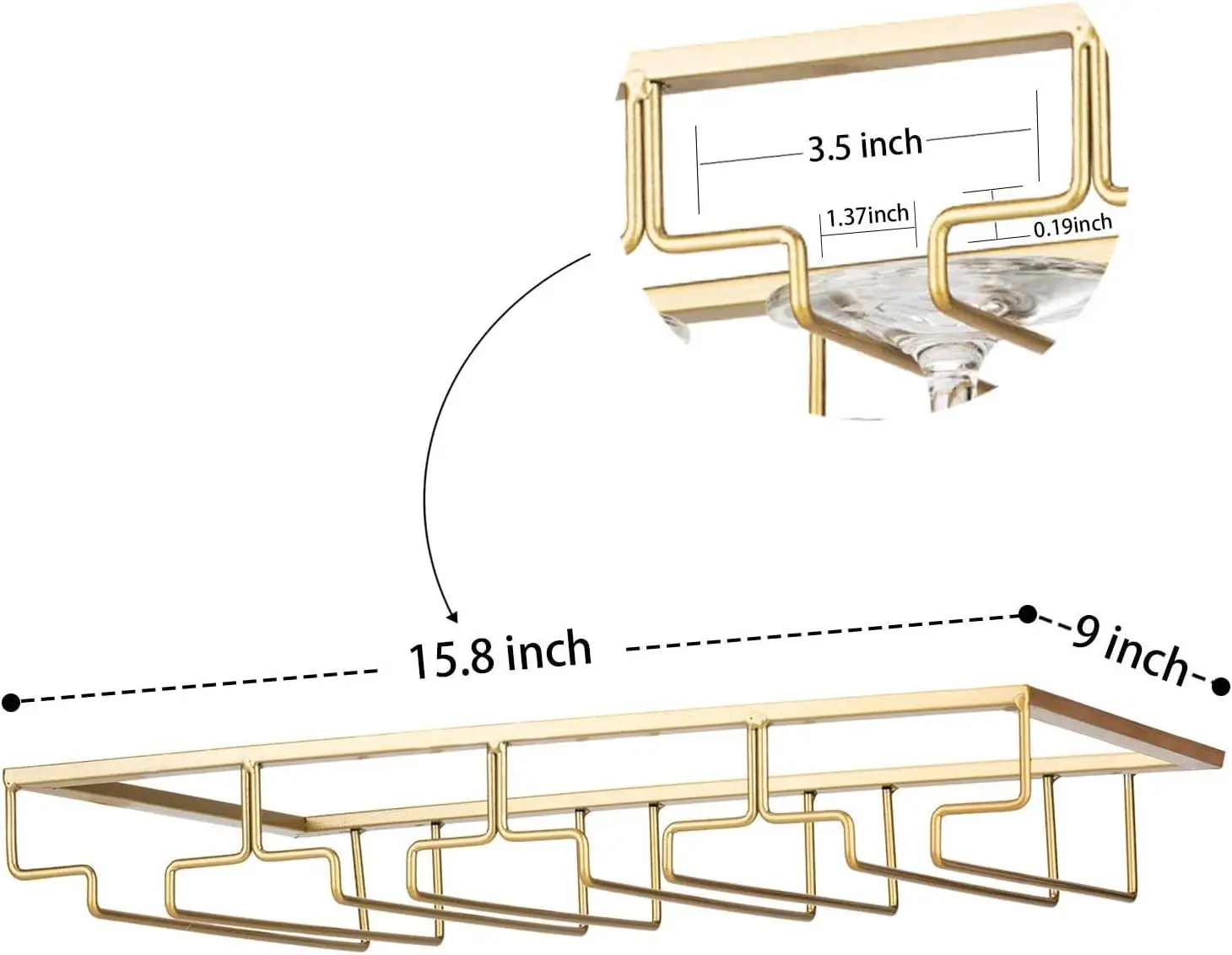 Under Cabinet Stemware Holder - Metal Wine Glass Rack Organizer for Kitchen Bar Storage, Gold Finish