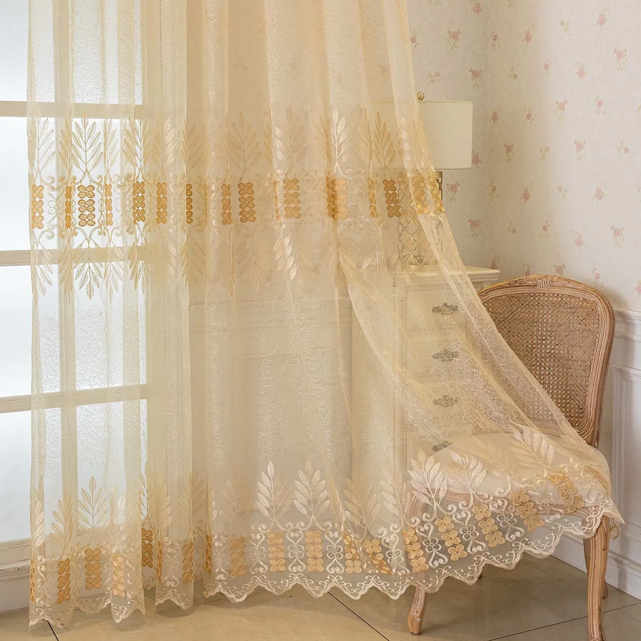 1PC American Vintage Lace Trim Transparent Curtain, Ring Suspension, Luxury Embroidered Curtain, Home Balcony Window Shee