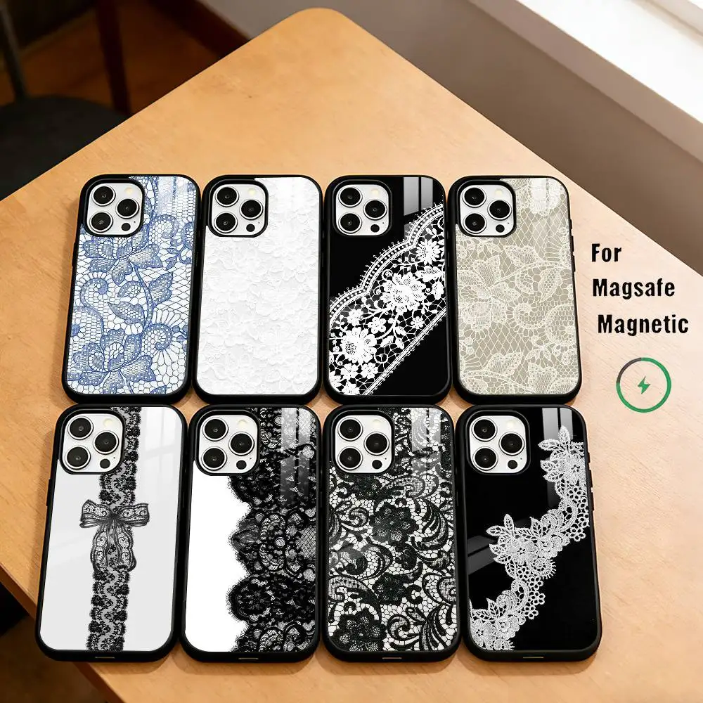 

S-Simple lace pattern Phone Case For iPhone17,16,15,14,13,12,11 Plus,Pro Magnetic For Magsafe Wireless Charging